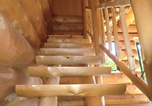 Blockhaus, Naturstamm, Rundholz, Kanadablockhaus, Naturstammtreppe, Treppe im Innenraum