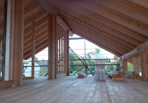 Pfetten & Säulen des Dachstuhls in Naturstammbauweise