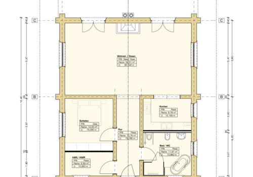 Naturstammhaus "Woodsman Cabin" - Grundriss Erdgeschoss