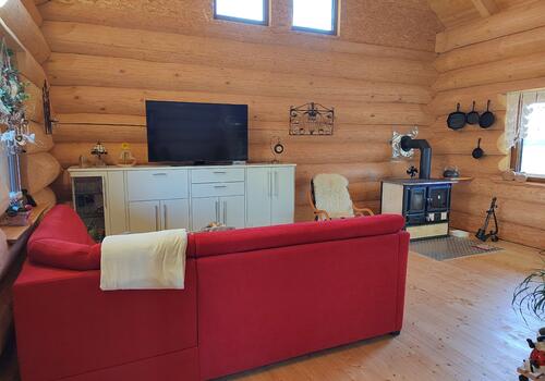 Blick in das Wohnzimmer im Naturstammhaus "Weekender II"