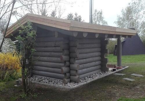 Blockhaussauna White Owl mit Vorköpfen in Vor-und-Zurück-Stil DIE BLOCKHAUSBAUER in Sachs