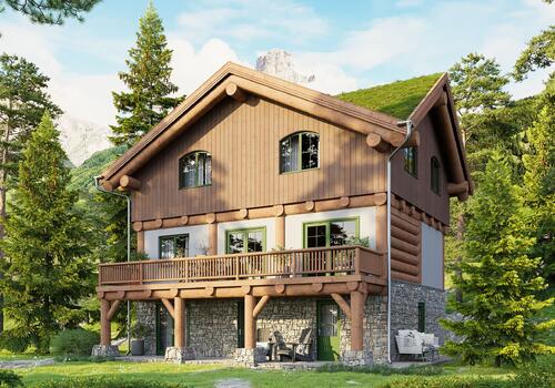 Ansicht auf das Naturstammfachwerkhaus Moose I