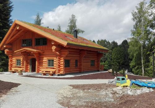 Die Blockhausbauer - Ein Blockhaustraum. Blockhaus mit Gründach und Schiffsgiebel