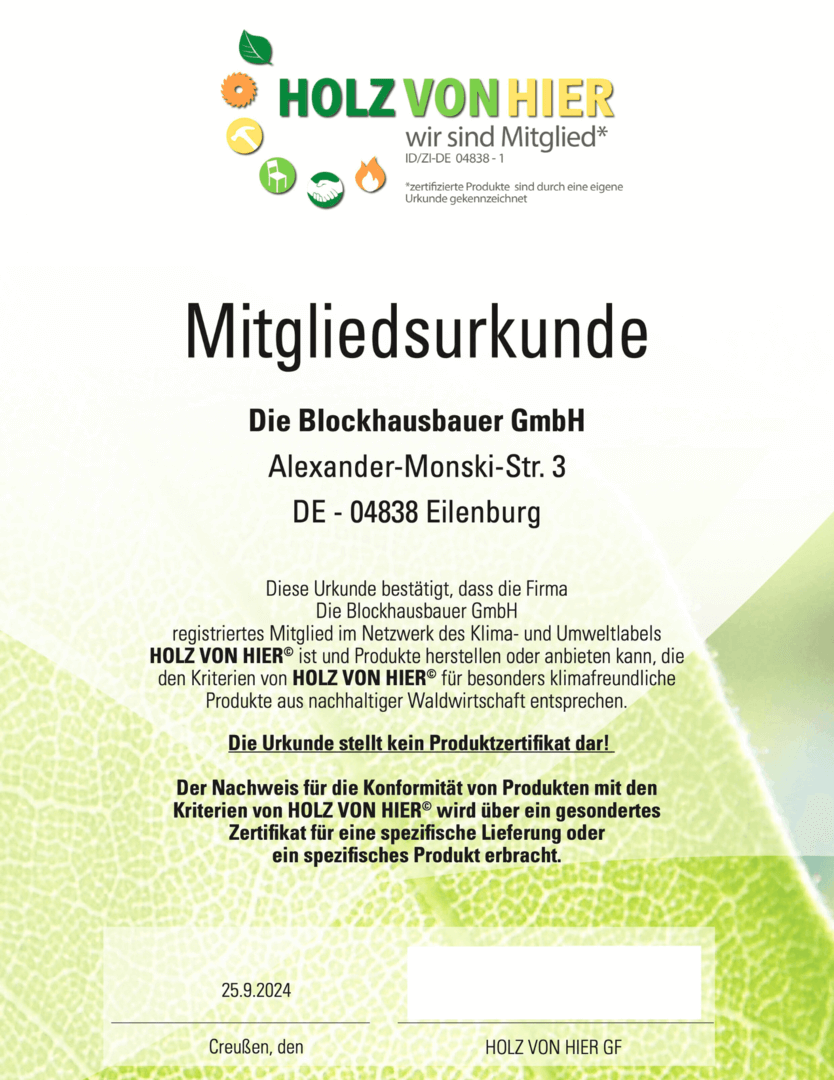 Mitgliederurkunde - Die Blockhausbauer GmbH