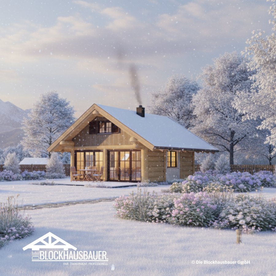 Naturstamm-Fachwerk Little Eagle - Ansicht mit großen Fenstern auf den Vorgarten im Winter