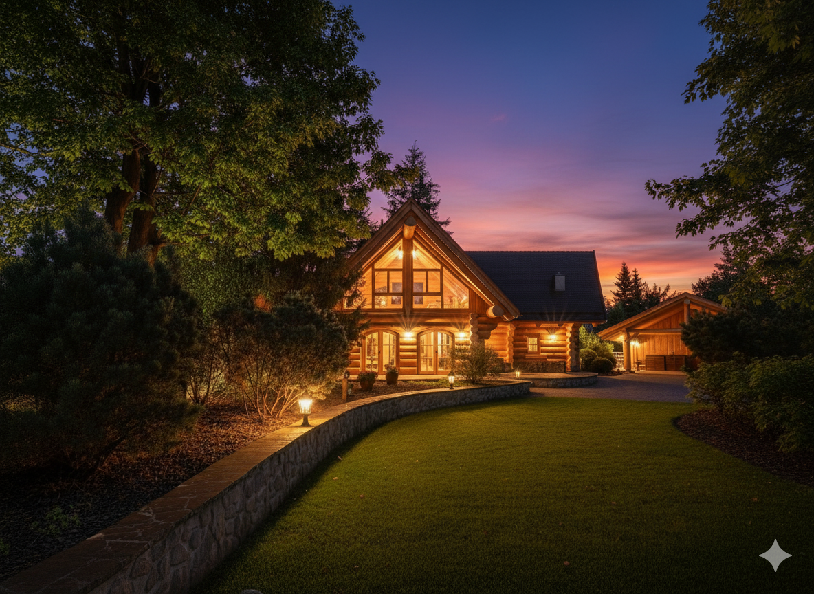Naturstamm-Fachwerk-Whitehorse-Lodge-Sommernacht