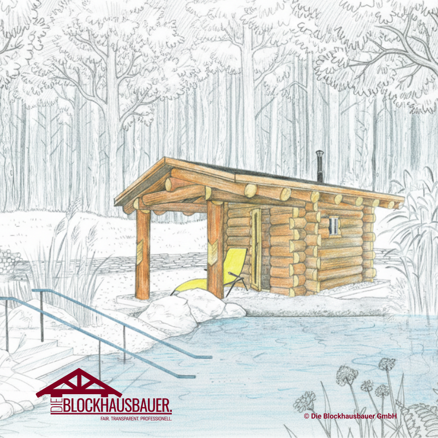 Sauna White Owl im Blockhaus-Stil am See mit Treppe und Badeleiter